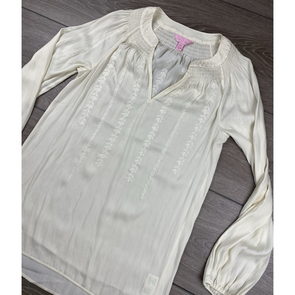 Lilly Pulitzer Women's Hollis Embroidered Long Sleeve V Neck Blouse Ivory XS